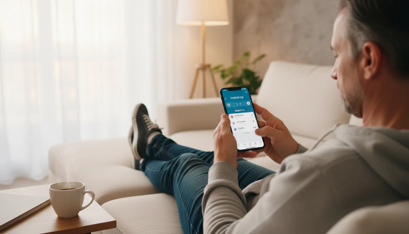 Persona che consulta quote sportive su smartphone in ambiente domestico
