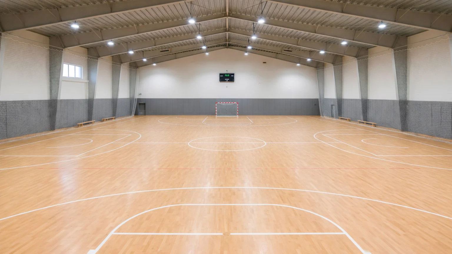 Campo da futsal con linee di demarcazione e porte piccole