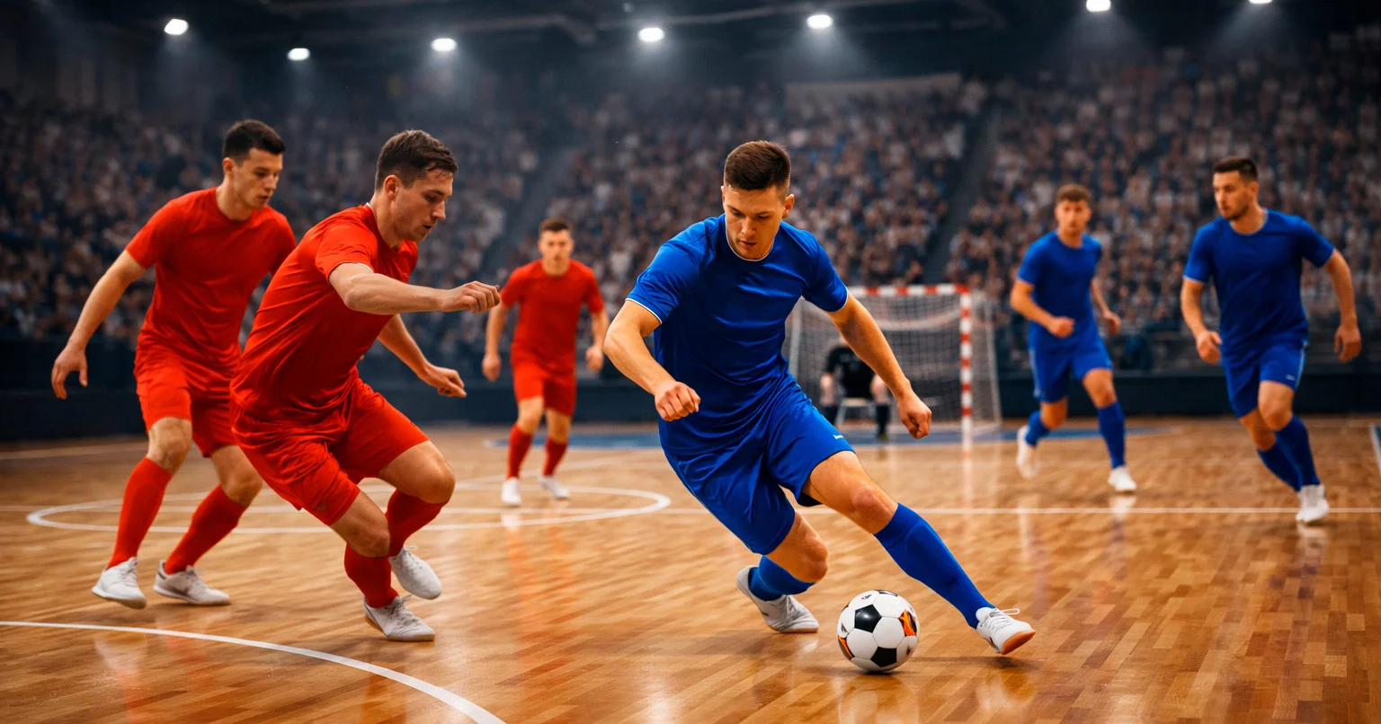 Partita di futsal in un palazzetto con giocatori in azione sul parquet